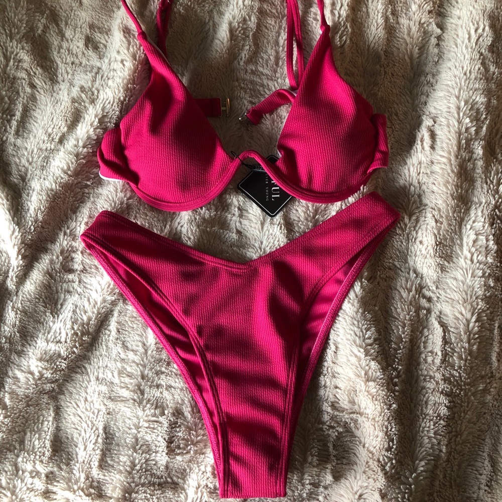 Zaful Pink Ribbed Bikini Set